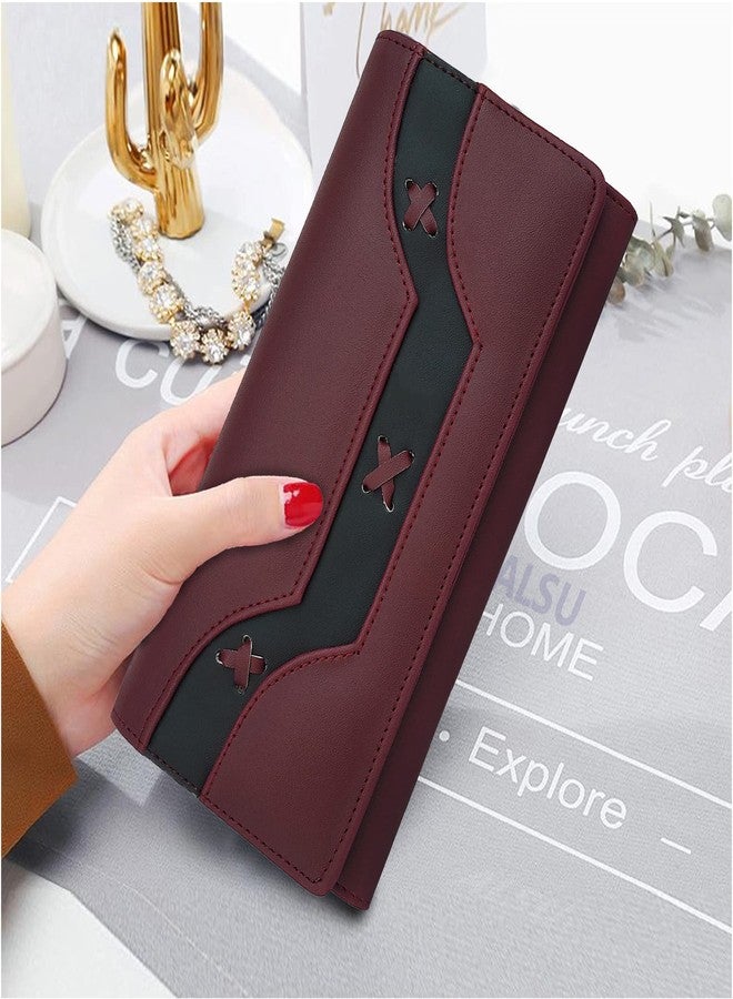 ALSU Women's Wallet | Ladies Purse Clutch | Phone Pocket | 6 Card Slots | Faux Leater material-jln011 (Maroon) - Image 3